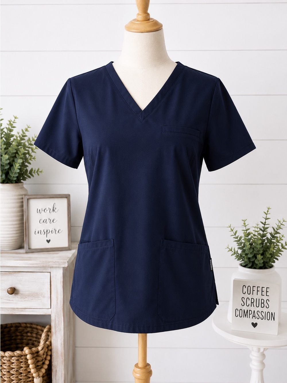 Medelita Women’s Small Navy Stretch Scrub Top V-Neck Medical Uniform